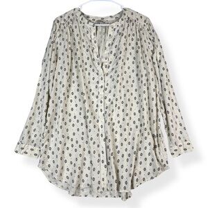 Lucky Brand Top Womens Plus 1X Button Down Long Sleeves Cream Black Geo